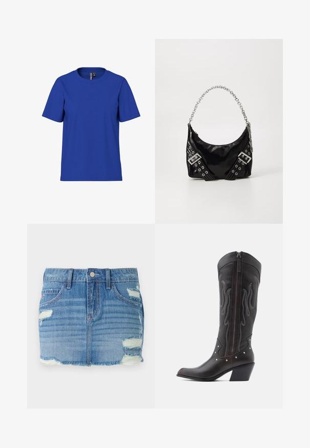 Schlichtes königsblaues T-Shirt mit kurzen Ärmeln und Rundhalsausschnitt, legere Passform mit sichtbaren Markenetiketten im inneren Nackenbereich.; Denim-Minikleid in Hellblau mit einer abgenutzten Optik. Verfügt über einen ausgefransten Saum, ausgewaschene Stellen und mehrere Risse. Vorderer Knopfverschluss und Taschen.; Braune Cowboy-Stiefel aus Leder mit Flammenstickerei, seitlichem Reißverschluss, silbernen Nieten, spitzer Zehenpartie und geschichtetem Absatz.; Schwarze Patentleder-Handtasche mit schimmerndem silbernen Kettenhenkel, mit dekorativen Riemen und Metallösen. Schlanker, geschwungener Schnitt.