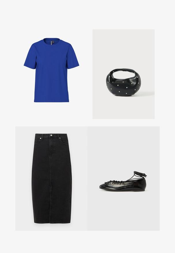 Camiseta sencilla azul royal de manga corta y cuello redondo, ajuste casual con etiquetas visibles en el interior del cuello.; Falda de mezclilla negra con cintura alta, largo hasta la rodilla, costura frontal y diseño clásico de cinco bolsillos. Cuenta con botón metálico y textura sutil.; Zapatos planos tipo ballet de charol negro con punta redondeada, diseño con cordones y suela plana. Textura lisa con detalles mínimos.; Bolso de mano de cuero negro con forma redondeada, decorado con detalles de tachuelas plateadas y un asa corta. Textura lisa y cierre con cremallera.