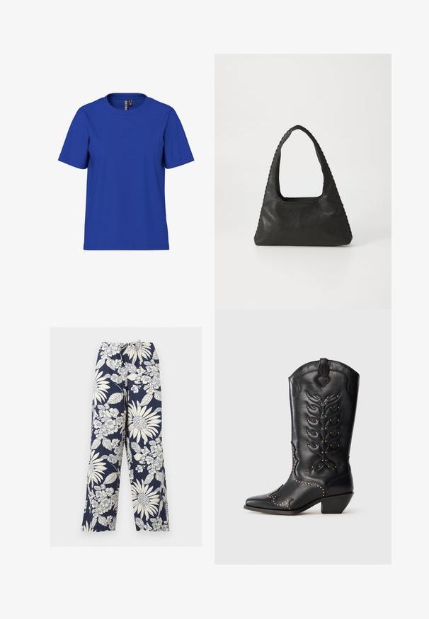 Schlichtes königsblaues T-Shirt mit kurzen Ärmeln und Rundhalsausschnitt, legere Passform mit sichtbaren Markenetiketten im inneren Nackenbereich.; Marineblaue weit geschnittene Hose mit weißen Blumen- und Blattmustern und einem elastischen Bund mit Kordelzug.; Schwarzer Cowboystiefel aus Leder mit goldfarbenen Nieten, spitzer Spitze, dekorativer Naht und kurzem Blockabsatz. Prägung mit Blattmuster am Schaft.; Schwarze Lederhandtasche mit dreieckiger Form, einem großen Ausschnittgriff und detaillierter Naht entlang der Kanten. Glatte Textur.