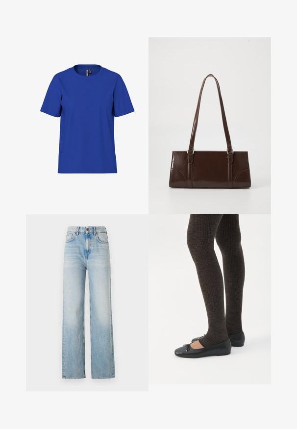 Ensfarvet kongeblå t-shirt med korte ærmer og rund halsudskæring, afslappet pasform med synlige tøjmærker inde i halsudskæringen.; Lyseblå, vide jeans lavet af denim, med høj talje, subtilt slid og traditionelt femlomme-design med kontrasterende syninger.; Ben iført mørke ribbede leggings kombineret med sorte balletsko med små sløjfedetaljer på hvid baggrund.; Brun lakeret håndtaske med rektangulær form, to lange håndtag og subtile buede detaljer på fronten.