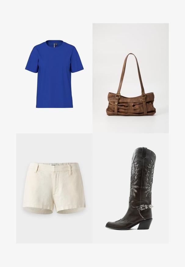 Schlichtes königsblaues T-Shirt mit kurzen Ärmeln und Rundhalsausschnitt, legere Passform mit sichtbaren Markenetiketten im inneren Nackenbereich.; Helle beige Shorts aus Leinen. Mit flachem Bündchen, Fronttaschen und einem sauberen Saum. Einfaches, minimalistisches Design.; Schwarzer Leder-Cowboystiefel mit dekorativen Ausschnitten, silberner Schnalle und schräger Ferse, auf weißem Hintergrund dargestellt.; Even&Odd Handtasche - brown