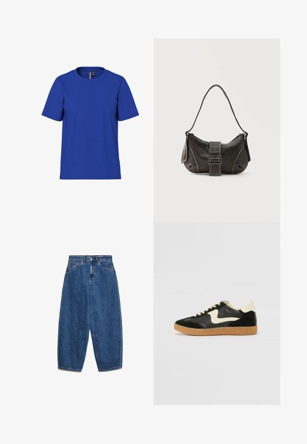 Effen koningsblauw T-shirt met korte mouwen en ronde hals, casual fit met zichtbare kledinglabels aan de binnenkant van de halslijn.; Blauwe denim jeans met een hoge taille, een ontspannen pasvorm en rechte pijpen. Klassiek ontwerp met vijf zakken en een ritssluiting met knoop.; Zwarte suède en leren sneaker met een crèmekleurige zij-swoosh en lichte crèmekleurige hiel. Voorzien van beige veters en een gumrubberen zool.; Zwarte leren schoudertas met gespsluiting aan de riem, afgeronde hoeken en contrasterende witte stiksels op een effen achtergrond.