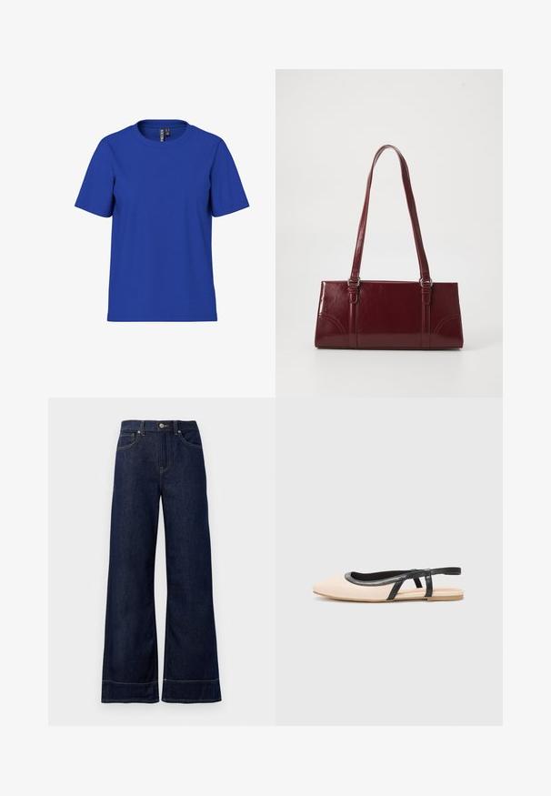 Ensfarvet kongeblå t-shirt med korte ærmer og rund halsudskæring, afslappet pasform med synlige tøjmærker inde i halsudskæringen.; Mørkeblå brede jeans lavet af denim. Har en knaplukning, stikninger og sidelommer. Udfoldet nederste kant.; Slingback flade sko med en nude-overdel, sort lædertrim og en lille hæl. Har åbne sider og et afrundet snit.; Bordeaux håndtaske lavet af glansfuldt materiale, rektangulær form, med to skulderremme og subtile buede detaljer på forsiden.