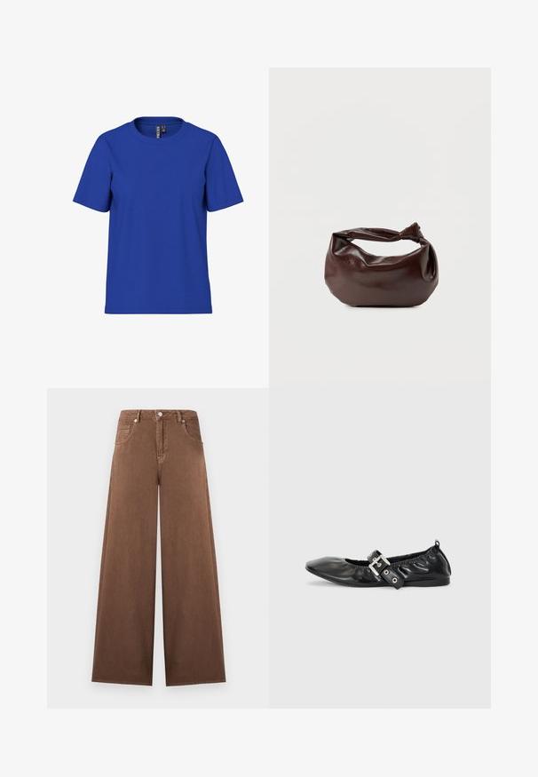 Effen koningsblauw T-shirt met korte mouwen en ronde hals, casual fit met zichtbare kledinglabels aan de binnenkant van de halslijn.; Bruine wijde spijkerbroeken met hoge taille, sluiting met knoop en rits aan de voorkant, en een ontwerp met vijf zakken.; Zwarte leren platte schoen met een spitse neus, geplooide details rond de opening en een zilveren gespaccentueerde verstelbare band.; Donkerbruine leren schoudertas met een zachte, slungelige vorm en een gedraaide knoopvormige handgreep op een effen witte achtergrond.