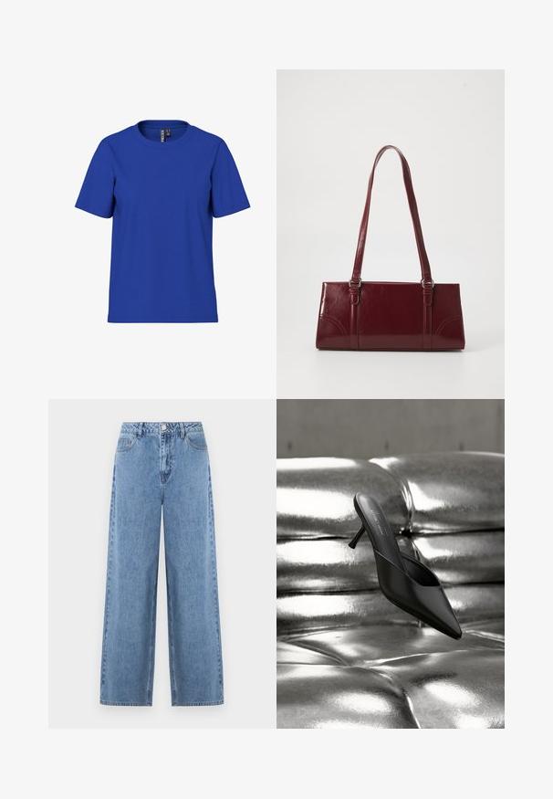 Enkelt kongeblå kortermet t-skjorte med rund hals, avslappet passform med synlige klesetiketter inni halslinningen.; Lyseblå vidbuksejeans laget av denim. Har høy midje, beltehemper, frontlommer og én baklomme. Jevn tekstur.; Sort spiss tå mule med en slank hæl plassert på en skinnende, metallisk sølv tuftet overflate.; Burgunderfarget håndveske laget av glinsende materiale, rektangulær form, med to skulderstropper og subtile buede detaljer på forsiden.
