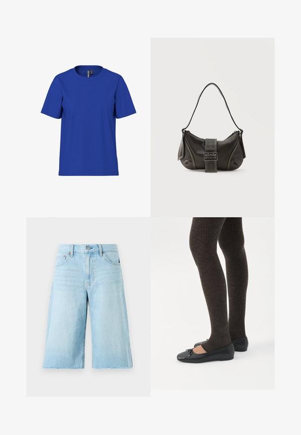 Schlichtes königsblaues T-Shirt mit kurzen Ärmeln und Rundhalsausschnitt, legere Passform mit sichtbaren Markenetiketten im inneren Nackenbereich.; Helle blaue Denim-Shorts mit lockerer Passform, ausgefranstem Saum, fünf Taschen und Metallbeschlägen. Klassisches Jeansdesign mit subtilen Ausbleichungen.; Beine in dunklen, gerippten Leggings kombiniert mit schwarzen Ballerinas mit kleinen Schleifendetails auf weißem Hintergrund.; Schwarze Leder-Schultertasche mit Schnallengurt-Detail, abgerundeten Kanten und kontrastierenden weißen Nähten auf schlichtem Hintergrund.