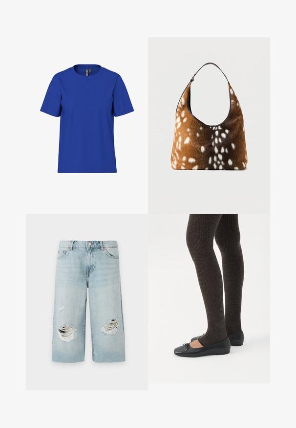 Effen koningsblauw T-shirt met korte mouwen en ronde hals, casual fit met zichtbare kledinglabels aan de binnenkant van de halslijn.; Lichtblauwe denimshorts met een losse pasvorm, voorzien van twee grote versleten scheuren aan de voorkant. Vijf zakken en een zichtbare metalen knoopsluiting.; Benen met donkere geribbelde leggings gecombineerd met zwarte ballerina's met kleine strikdetails op een witte achtergrond.; Bruine en zwarte handtas met witte, gevlekte bonttextuur en een enkele zwarte schouderriem op een effen achtergrond.