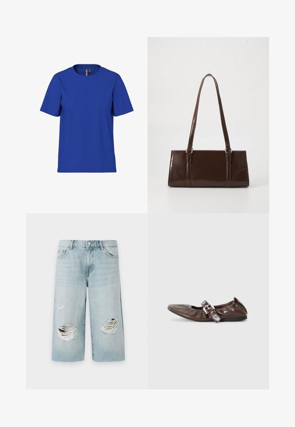 Effen koningsblauw T-shirt met korte mouwen en ronde hals, casual fit met zichtbare kledinglabels aan de binnenkant van de halslijn.; Lichtblauwe denimshorts met een losse pasvorm, voorzien van twee grote versleten scheuren aan de voorkant. Vijf zakken en een zichtbare metalen knoopsluiting.; Bruine gepatineerde leren ballerina met een spitse neus, elastische strikdetail en een zilveren gespaccent aan de zijkant. Zwarte rubberen zool.; Bruine lakleren handtas met een rechthoekige vorm, twee lange handvatten en subtiele gebogen accenten aan de voorkant.
