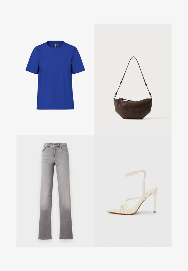 Schlichtes königsblaues T-Shirt mit kurzen Ärmeln und Rundhalsausschnitt, legere Passform mit sichtbaren Markenetiketten im inneren Nackenbereich.; Hellgraue Jeans mit geradem Bein, fünf Taschen, Knopfverschluss und sichtbaren Nähten, vor weißem Hintergrund dargestellt.; Beige Sandaletten mit hohem Absatz und spitzer Schuhspitze, ausgestattet mit drei vorderen Riemen und einem dünnen Knöchelriemen mit Schnalle. Glatte Textur, minimalistisches Design.; Braune Leder-Schultertasche mit gewölbtem Boden und verstellbarem Riemen vor einfarbig hellem Hintergrund.