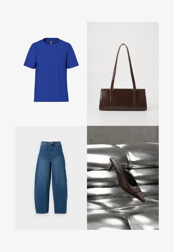 Camiseta sencilla azul royal de manga corta y cuello redondo, ajuste casual con etiquetas visibles en el interior del cuello.; Jeans de denim en un lavado azul medio, con una cintura alta, corte de pierna ancha y diseño estándar de cinco bolsillos con detalles de costura visibles.; Mule de tacón marrón con punta puntiaguda y detalle de hebilla, flotando sobre una superficie de cuero plateado brillante y capitoné.; Bolso de mano de piel sintética marrón con forma rectangular, dos asas largas y sutiles acentos curvados en la parte delantera.