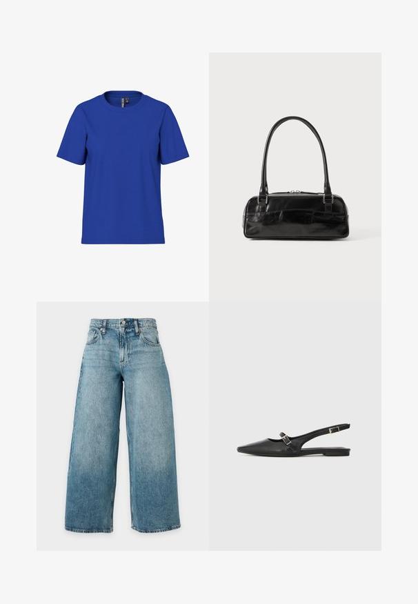 Effen koningsblauw T-shirt met korte mouwen en ronde hals, casual fit met zichtbare kledinglabels aan de binnenkant van de halslijn.; Lichtblauwe, high-waisted spijkerbroek met een wijde pijp, vijf zakken, riemlussen en een knoopgulp, getoond tegen een effen achtergrond.; Zwarte leren slingback schoenen met een spitse neus, voorzien van een smalle band en een zilveren gesp aan de zijkant. Platte zool.; Zwarte leren handtas met een rechthoekige vorm, voorzien van een enkele gestructureerde handgreep, zilveren hardware en ritsluiting. Gladde textuur.