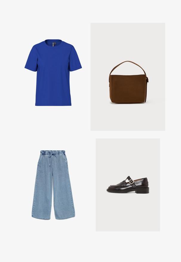 Ensfarvet kongeblå t-shirt med korte ærmer og rund halsudskæring, afslappet pasform med synlige tøjmærker inde i halsudskæringen.; Lyseblå denim bukser med vide ben, elastisk talje og snøre, med sidelommer.; Mørkebrun læderloafer med dekorativ rem og guldbeslag, lav hæl og syning langs den øverste kant.; Brun rektangulær skuldertaske med et enkelt bredt bærehåndtag og spænde detaljer, sat på en ensfarvet hvid baggrund.