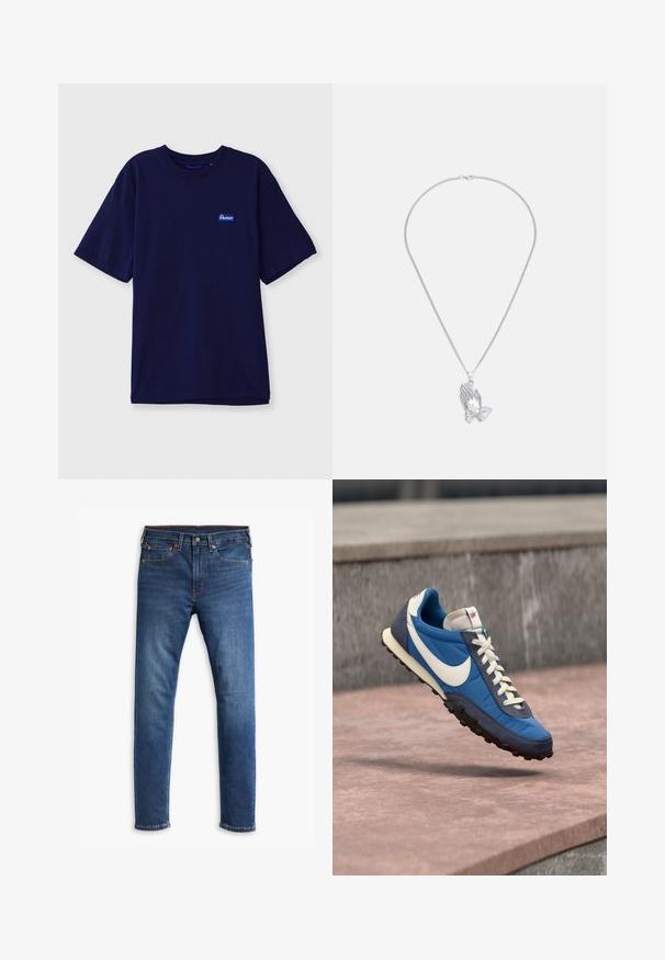 Marineblå bomulds-t-shirt med rund hals, korte ærmer og et lille rektangulært mærke i blå og hvid på venstre bryst.; Mand iført mørkeblå slim-fit jeans med en hvid t-shirt og hvide sneakers med sorte striber mod en ensfarvet baggrund.; Blå og marineblå Nike-sneaker med hvid swoosh og snørebånd, svævende over stenoverflade med grå stenbaggrund.; Sølvvedhæng med halskæde, der har to sammenflettede hænder, hængende fra en fint kæde med en glat tekstur.