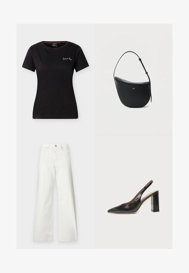 T-shirt noir ajusté à manches courtes avec encolure ronde et petit texte blanc en cursive sur le haut à gauche de la poitrine.; Jean blanc taille haute à jambes larges, fermeture à boutons devant, passants de ceinture et poches avant sur fond uni.; Chaussure slingback en cuir noir à bout pointu avec un talon bloc haut et une doublure intérieure beige sur un fond clair uni.; Sac à bandoulière en cuir noir en forme de demi-lune avec une bandoulière réglable et le logo doré « BOSS » centré sur le devant.