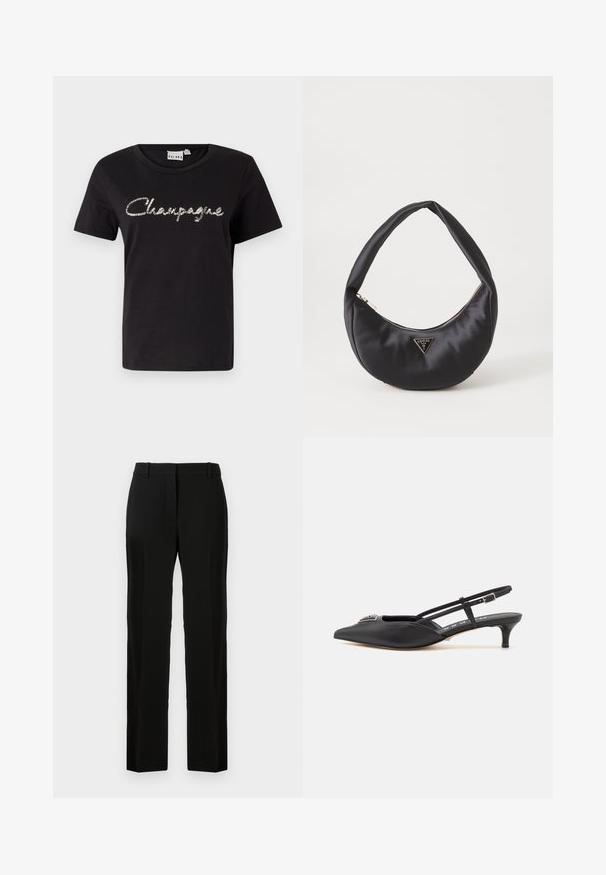 Zwarte katoenen t-shirt met korte mouwen, ronde hals en een zilveren, glinsterende tekstontwerp "Champagne" op de voorkant.; Zwarte broek met een rechte pasvorm, gemaakt van gladde stof, met een platte voorkant, riemlussen en zonder zichtbare patronen of accenten.; Zwarte slingback schoenen met een puntige neus, gemaakt van glad materiaal, met een kleine hak en een decoratieve zilverkleurige accent op de wreef.; Zwarte satin handtas met een gebogen vorm, voorzien van een ritssluiting en een driehoekig metalen logo aan de voorkant. Gladde textuur en een slank ontwerp.