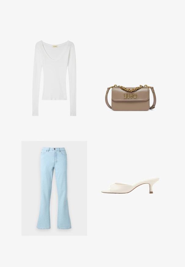 Hvid langærmet top med v-hals, lavet af blødt, let materiale. Har en tætsiddende silhuet med minimale sømme og ingen udsmykninger.; Lyseblå denim jeans med høj talje og vidde ben, med forlommer, bæltestropper og knaplukning.; Hvid åben-tå mule i læder med lav kittenhæl og slank sål, vist i profil mod hvid baggrund.; Beige læderhåndtaske med guldkædedetalje og "LIU JO" guldløs logo på frontklappen, med justerbar skulderrem.