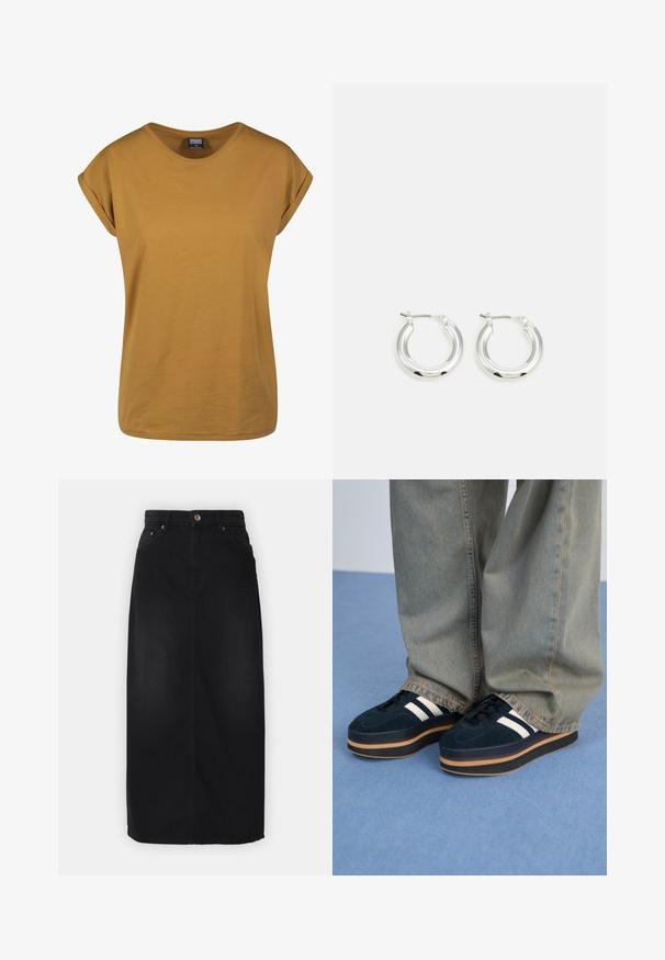 T-shirt à manches courtes jaune moutarde avec un col rond, fabriqué en coton doux, avec des poignets roulés et une coupe décontractée.; Jupe maxi en denim noir de forme droite, dotée d'une fermeture à boutons sur le devant, de deux poches avant et d'une texture lisse.; Baskets plateforme en suédine bleu foncé avec des rayures blanches et des lacets noirs. Dotées d'une épaisse semelle en caoutchouc brun. Portées avec un pantalon en denim bleu clair.; Boucles d'oreilles en argent avec une finition polie, présentant une forme circulaire et une fermeture à charnière. Texture lisse avec un minimum de détails.