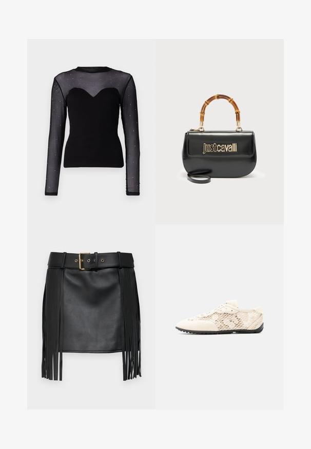Must must sleeves top, mille tagasiside. Pehme tees, shabby mesh ülaosa, lillekuju dekoltee ning hõbedased detailid varrukatel.; Must mustriba musta faux nahksega seelik frillide detailidega. Omab laia vööd kuldse pandlaga ja mitmete reguleerimisaukudega. Sile tekstuur.; Kreemja pitsiga toss, millel on võrkdetailid külgedel, lillemustriline tikand ja must tekstureeritud tald, nähtav külje pealt valgel taustal.; Mustast nahast käekott kuldse "Just Cavalli" logoga ees ja kaarekujuline bambusest sang, millel on eemaldatav pikk rihm.