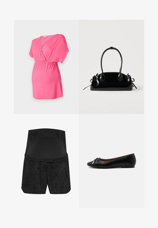 Rosa Umstandstop aus weichem Stoff, mit einem überkreuzten V-Ausschnitt, kurzen Ärmeln und einem elastischen Bund für zusätzlichen Komfort.; Schwarze Umstandsshorts mit strukturiertem Design, Kordelzugbund und glattem, elastischem Taillenbund. Weicher Stoff für hohen Tragekomfort.; Schwarzer Ballerina aus Leder mit abgerundetem Zehenbereich, kleiner Schleife mit goldfarbenen Enden und niedrigem flachem Absatz auf grauem Hintergrund.; Kleine schwarze glänzende Handtasche mit zwei langen Griffen und seitlichen Kordelzug-Details vor einfachem hellem Hintergrund.