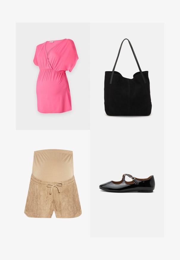 Rosa Umstandstop aus weichem Stoff, mit einem überkreuzten V-Ausschnitt, kurzen Ärmeln und einem elastischen Bund für zusätzlichen Komfort.; Beige Shorts mit elastischem Bund, Zugbanddetail und strukturiertem Stoff mit vertikalem Streifenmuster.; Schwarzer Mary Jane flacher Schuh aus Lackleder mit zwei Ausstanzungen und einem goldfarbenen Schnallenriemen auf weißem Hintergrund.; Schwarze Wildleder-Umhängetasche mit zwei langen, flachen Ledergriffen. Sie verfügt über eine gewölbte obere Kante und sichtbare Nähte auf der Vorderseite. Keine Hardware-Details.