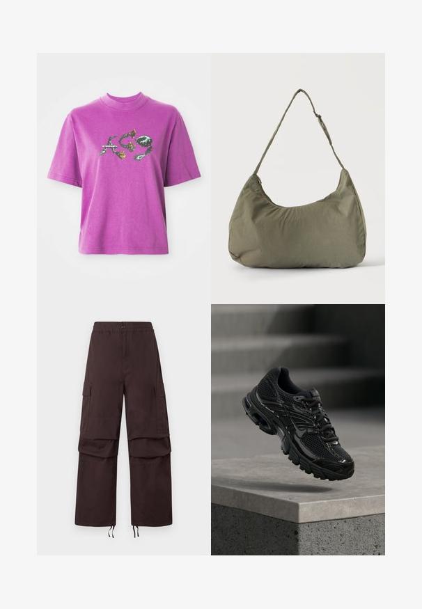 Camiseta corta de mangas moradas con un cuello alto y un diseño gráfico de letras estilizadas "A", "C" y "9" con elementos florales y espinosos.; Pantalones cargo marrón oscuro con cintura elástica, dos bolsillos laterales y dobladillos con cordón. Hechos de una tela resistente con un ajuste relajado.; Zapatilla de running negra de Nike con parte superior de malla y sintética flotando sobre una superficie de hormigón y escalones de fondo.; Bolso de hombro de tela suave color verde oliva con cierre de cremallera y correa ajustable sobre un fondo liso y claro.