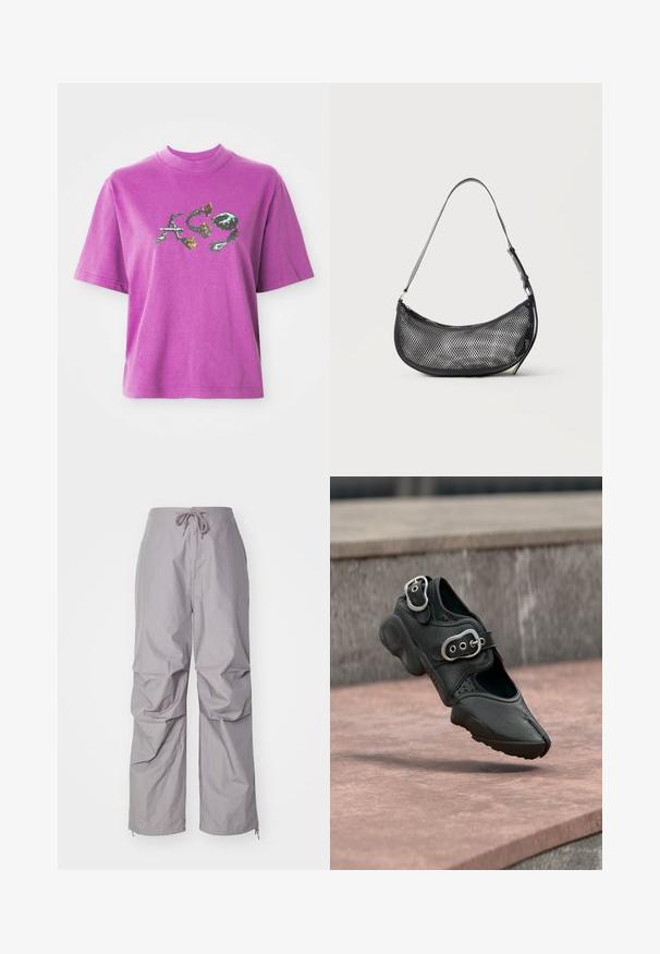 T-shirt violet à manches courtes avec un col haut et un design graphique de lettres stylisées "A", "C" et "9" avec des éléments floraux et épineux.; Pantalons gris amples en tissu léger, dotés d'une taille à cordon de serrage et de bas resserrés avec des zippers. Fini texturé.; Chaussure noire à bout fendu avec deux boucles argentées, semelle épaisse et détails perforés, flottant au-dessus d'une surface en pierre.; Petit sac d'épaule noir en mesh en forme de croissant avec une lanière fine réglable, sur un fond clair uni.