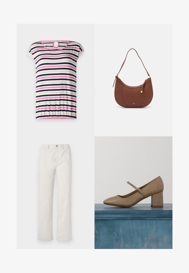 Stripet t-shirt med korte ærmer i beige, navy, pink og hvid; har en rund halsudskæring med en nøglehul i ryggen og en samlet søm.; Lysbeige, vide bukser lavet af bomuld, med frontknaplukning, sidelommer og en ren, glat tekstur.; Beige læderpumpe med blokhæl, rundet tå og en dekorativ strop med en gylden spænde. Glat tekstur, minimalistisk design.; Brun faux læder skuldertaske med buet form, minimal syning og en guldtonet hardwaredetalje. Har en top lynlåslukning og justerbar rem.