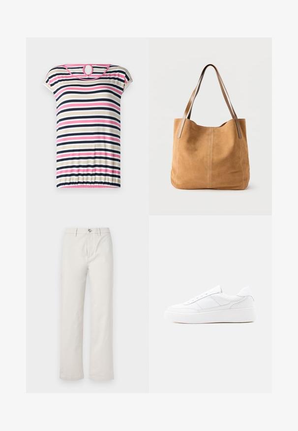 Stripet t-shirt med korte ærmer i beige, navy, pink og hvid; har en rund halsudskæring med en nøglehul i ryggen og en samlet søm.; Lysbeige, vide bukser lavet af bomuld, med frontknaplukning, sidelommer og en ren, glat tekstur.; Hvid lavtop-sneaker med tyk sål, snørelukning og diskrete syningsdetaljer på en ensfarvet lys baggrund.; Beige ruskindtaske med lange lysebrune læderstropper, blød tekstur og enkel syning på en ensfarvet hvid baggrund.