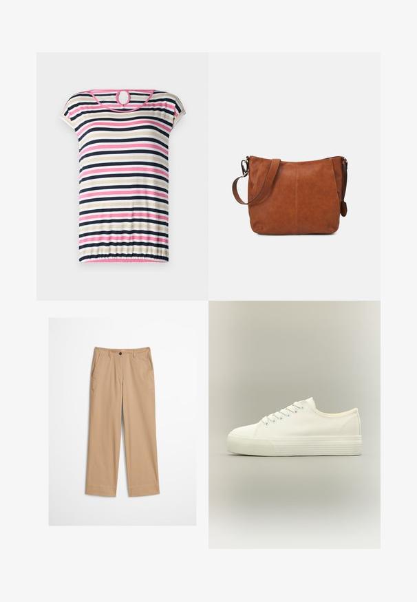Stripet t-shirt med korte ærmer i beige, navy, pink og hvid; har en rund halsudskæring med en nøglehul i ryggen og en samlet søm.; Beige bomuldsbukser med lige ben, knaplukning foran og en glat tekstur. Har standard bærestropper og flad frontdesign.; Hvid lavtop lærreds-sneaker med snørelukning foran og tyk, tekstureret gummisål på en neutral baggrund.; Brun læder skuldertaske med en buet form, justerbar rem og minimale syninger, der har et rummeligt interiør.