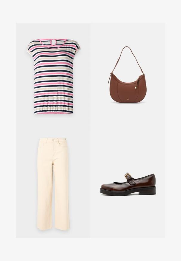 Stripet t-shirt med korte ærmer i beige, navy, pink og hvid; har en rund halsudskæring med en nøglehul i ryggen og en samlet søm.; Beige bredde ben jeans lavet af bomuld, med høj talje, knaplukning og to forlommer med en glat, tekstureret overflade.; Mørkebrun Mary Jane-sko med blank finish, rund tå, lav blokhæl og guldlås over vristen.; Brun faux læder skuldertaske med buet form, minimal syning og en guldtonet hardwaredetalje. Har en top lynlåslukning og justerbar rem.