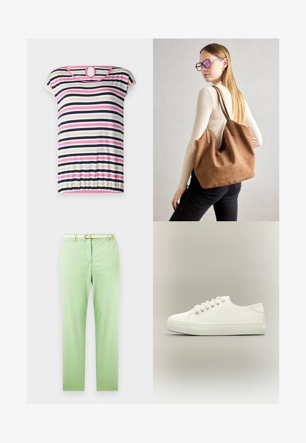 Stripet t-shirt med korte ærmer i beige, navy, pink og hvid; har en rund halsudskæring med en nøglehul i ryggen og en samlet søm.; Lysegrønne bomuldsbukser med lige pasform, som har et vævet beige bælte, frontlomme og ingen synlige mønstre eller udsmykninger.; Hvid lavtop sneaker med hvide snørebånd og gummisål vist fra siden på en neutral baggrund.; Brun ruskind tote taske med blød tekstur, stor åbning og lange stropper. Har et enkelt design med synlige syninger og ingen hardware.