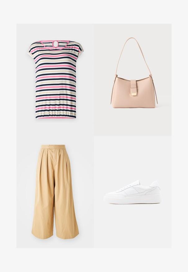 Stripet t-shirt med korte ærmer i beige, navy, pink og hvid; har en rund halsudskæring med en nøglehul i ryggen og en samlet søm.; Beige bredde bukser med høj talje, der har frontfolder og et glat, tekstureret bomuldsstof.; Hvid lavtop-sneaker med tyk sål, snørelukning og diskrete syningsdetaljer på en ensfarvet lys baggrund.; Lyserød håndtaske med en buet form, lavet af tekstureret materiale. Har en flad rem og en låsedetalje i guldton på forsiden.