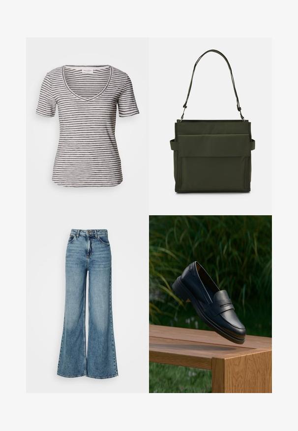 Gestreepte t-shirt met korte mouwen en v-hals in het wit met marineblauwe strepen. Zacht stof, relaxed pasvorm en stiksels langs de halslijn en mouwen.; Hooggewaisted, lichtblauwe wijdvallende denimjeans met voorzakken en knoopsluiting, weergegeven tegen een effen witte achtergrond.; Zwarte leren loafers met een gladde textuur, voorzien van een gestikt ontwerp en een lage hak, tentoongesteld op een houten oppervlak met groenblijvende planten op de achtergrond.; Olijfgroene tote bag gemaakt van duurzame stof met een rechthoekige vorm, met een voorzak met klep en een verstelbare schouderriem.