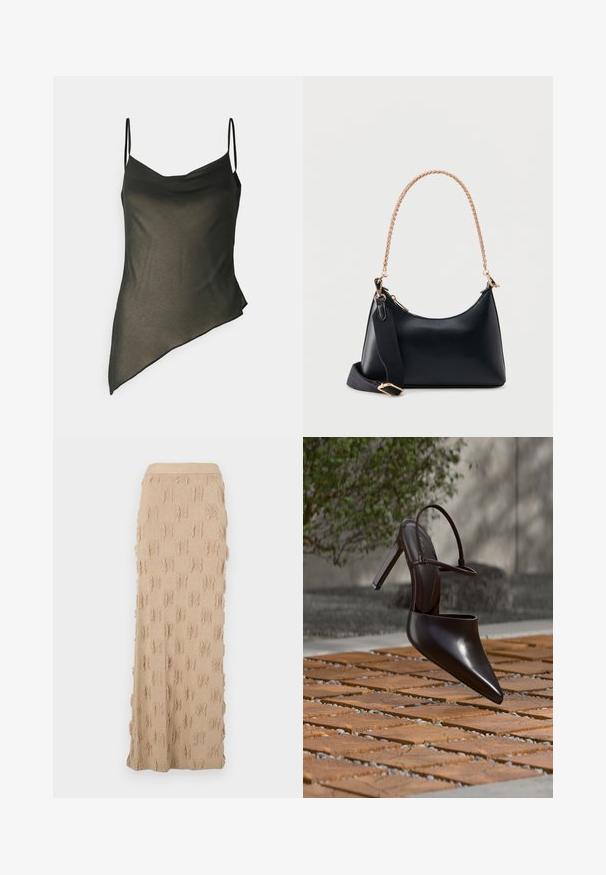 Débardeur asymétrique noir avec des bretelles fines, un tissu drapé et une texture douce. Caractéristiques d'une silhouette fluide avec un ourlet net d'un côté.; Jupe maxi en tricot beige présentant un motif texturé avec des accents effilochés tout au long et une taille côtelée. Matière lisse et flexible.; Mule noire brillante à talons hauts avec bout pointu et bride à la cheville, suspendue au-dessus d'une surface carrelée en terre cuite avec des interstices remplis de gravier.; Sac à main en cuir noir texturé avec un dessus courbé, une anse chaîne dorée, des accessoires dorés, et une bandoulière large en tissu noir détachable.