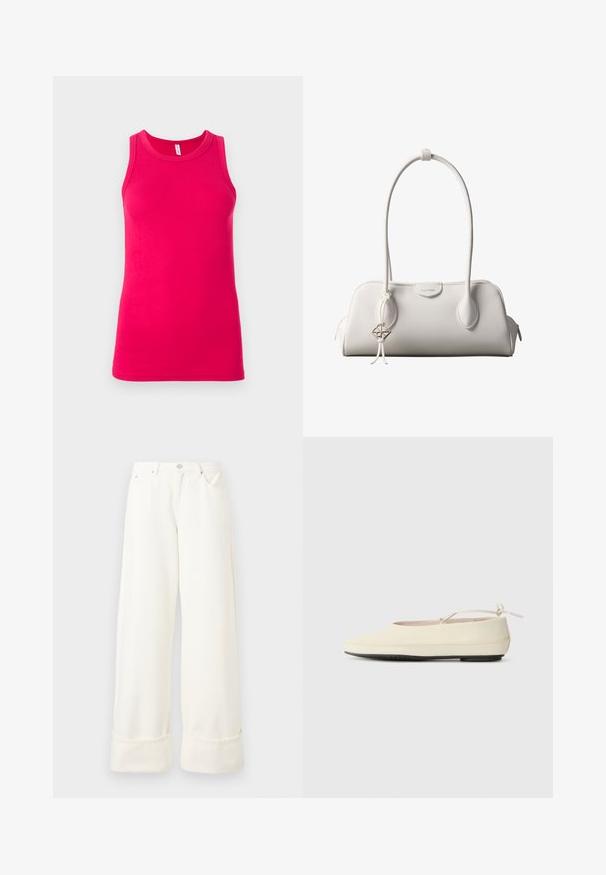 Débardeur rose cintré en coton. Il présente un col rond et de larges bretelles, avec une texture lisse et extensible.; Jean denim blanc à taille haute, jambes larges, ourlets retroussés, passants de ceinture, bouton frontal, fermeture éclair, poches latérales et arrière.; Des chaussures plates de couleur crème avec un bout arrondi, une sangle à la cheville et une semelle en caoutchouc noir contrastante. Matériau lisse avec un detailing minimal.; Sac à bandoulière blanc Calvin Klein avec longues poignées, forme rectangulaire, fermeture éclair et charm logo décoratif suspendu près de la poignée.