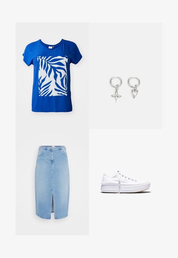 Μπλε κοντομάνικο T-shirt με μεγάλη λευκή εκτύπωση ζέβρας στο μπροστινό μέρος. Λείο ύφασμα με χαλαρή εφαρμογή και σχέδιο V-λαιμού.; Ανοιχτό μπλε τζιν φούστα με ίσια γραμμή, μεσαίου μήκους σχέδιο, εμπρόσθιο σκίσιμο, πέντε τσέπες και μεταλλικό κουμπί στη μέση.; Λευκό καμβαδένιο αθλητικό παπούτσι χαμηλού προφίλ με παχιά σόλα τύπου πλατφόρμας, δέσιμο με κορδόνια μπροστά και λαστιχένιο καπάκι δακτύλων με υφή, απεικονίζεται σε πλευρικό προφίλ.; Ασημένες κρίκοι σκουλαρίκια που περιλαμβάνουν ένα charm σε σχήμα σταυρού και καρδιάς. Λείο, γυαλιστερό υφή με γυαλισμένη φινίρισμα. Κάθε charm κρέμεται από έναν ασφαλή βρόχο.