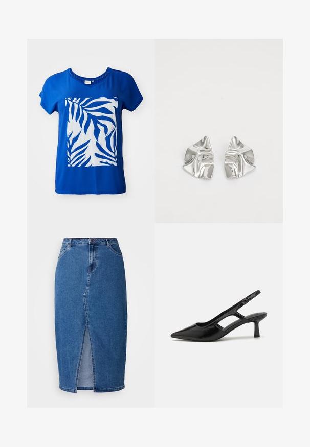 Blå kortærmet T-shirt med et stort hvidt zebra-bladtryk foran. Glat stof med en afslappet pasform og V-hals-design.; Denim nederdel i mellemblå med en frontslids, høj talje, fem lommer og bæltesløjfer. Stoffet har en tekstureret finish.; Sorte slingback hæle med spidse tæer, lavet af blankt materiale, med udskæringsdetaljer og en moderat hæl for støtte.; Sølvmetal øreringe med et bølgende, skulpturelt design, der har en poleret overflade og uregelmæssige former, hvilket fremhæver en moderne æstetik.
