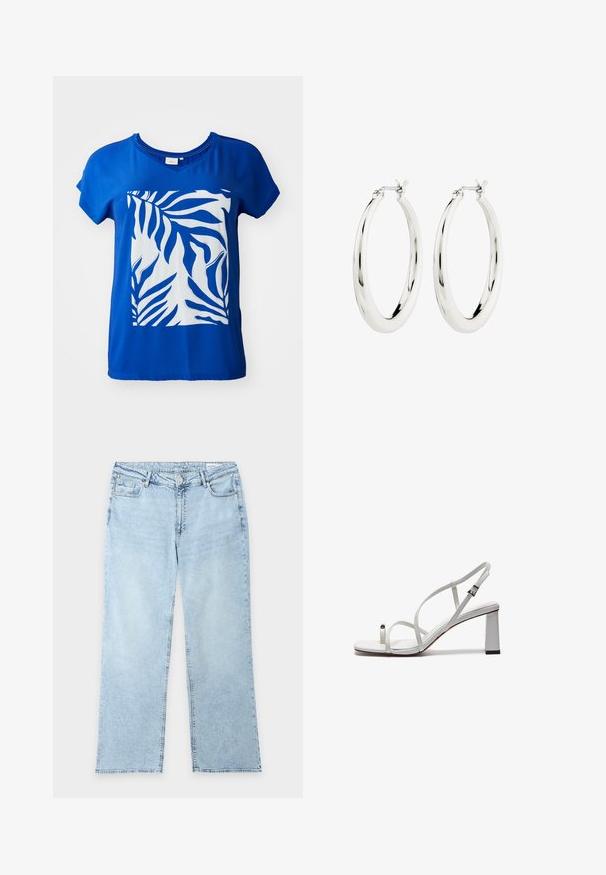 Blå kortærmet T-shirt med et stort hvidt zebra-bladtryk foran. Glat stof med en afslappet pasform og V-hals-design.; Lyseblå denimjeans med lige ben, fem lommer, bæltestropper og lukning med knap og lynlås, lagt fladt på en hvid baggrund.; Hvide strappy sandaler med en flad tårem, en blokhæl og en justerbar ankelrem med en metallisk spænde.; Sølvøreringe i form af hoops med en glat, blank finish. Cirkulær form, der har en sikker lås. Simpelt og elegant design.