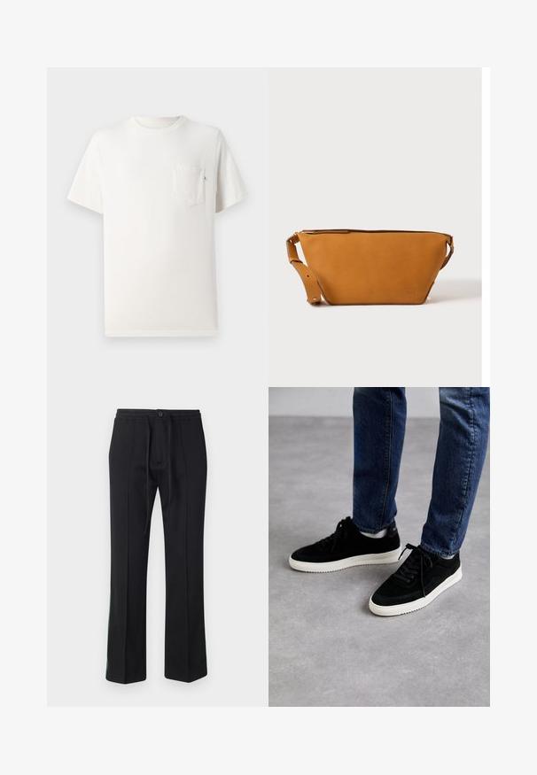Camiseta de algodón blanca con mangas cortas, cuello redondo y bolsillo en el pecho. Textura suave y diseño minimalista. Sin patrones o acentos visibles.; Pantalones de chándal negros con cintura ajustable, parte delantera lisa y piernas rectas. Con detalles en verde a lo largo de las costuras laterales. Textura de tela suave.; Zapatillas de ante negras con suela de goma blanca, que presentan un diseño clásico de corte bajo, puntera redondeada y cordones planos negros.; Bolso bandolera de cuero marrón claro con correa ajustable y cierre de cremallera, mostrado sobre un fondo claro y liso.