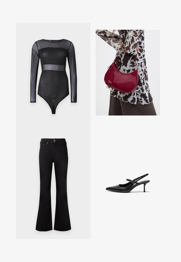 Body noir transparent à manches longues avec un panneau opaque scintillant au niveau de la poitrine et de la taille, style ajusté, encolure ronde.; Jean noir taille haute évasé avec bouton et fermeture éclair à l'avant, design à cinq poches, et détails de rivets en cuivre sur fond blanc.; Talons aiguilles noires en cuir avec un bout pointu, une fine bride réglable, et un talon aiguille d'environ 5 cm, texture lisse.; Femme portant un chemisier à motif noir et blanc tenant un sac à main rouge brillant sur un fond uni.