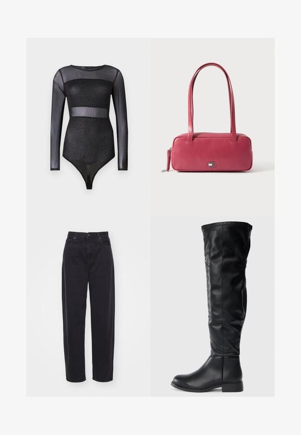 Body noir transparent à manches longues avec un panneau opaque scintillant au niveau de la poitrine et de la taille, style ajusté, encolure ronde.; Jeans noirs taille haute en denim. Design à jambes droites avec fermeture à bouton et à zip. Présente des poches frontales et une coupe classique.; Bottes noires montant jusqu'aux genoux en cuir lisse, avec un bout rond, un petit talon bloc et un tige légèrement fléchie avec des détails de coutures.; Sac à main en cuir rose de forme rectangulaire, avec deux anses et un petit emblème en métal sur le devant, présentant une texture lisse et brillante.