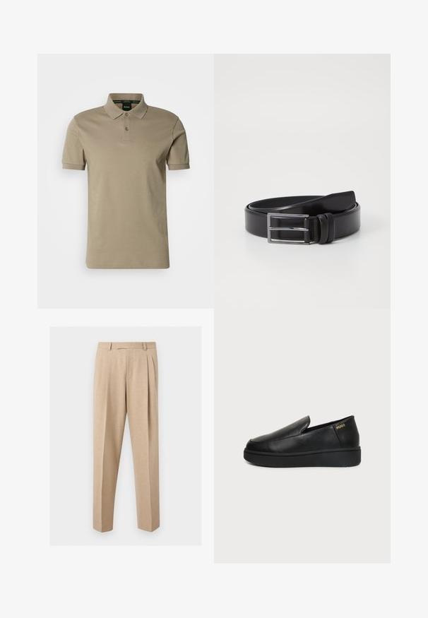 Polo beige avec col classique, patte à deux boutons et manches courtes. Logo discret sur la poitrine ; tissu en coton lisse.; Pantalon beige sur mesure avec plis sur le devant, passants de ceinture et jambes droites, présenté sur un fond clair et uni.; Chaussure noire en cuir à enfiler avec semelle épaisse et petits trous de ventilation latéraux, avec un logo doré "HUGO" près du talon.; Ceinture en cuir noir au toucher lisse, dotée d'une boucle rectangulaire en argent et d'un double détail de broche. Design classique et polyvalent.