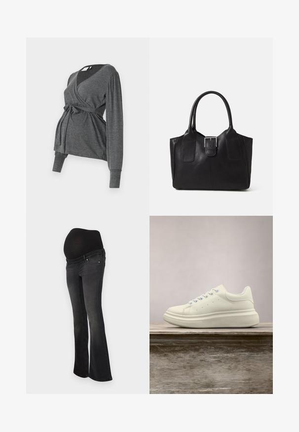 Top envolvente gris de manga larga, hecho de un material suave, que presenta un escote en V y una cintura atada. Las mangas tienen un ligero detalle abombado.; Jeans de maternidad en denim gris oscuro con un panel negro elástico para soporte de la barriga, diseño de pierna acampanada y estilo clásico de cinco bolsillos.; Zapatilla deportiva de cuero blanco con puntera redonda, textura lisa y cordones en contraste. Cuenta con orificios de ventilación y una suela de goma gruesa para mayor comodidad.; Bolso de mano de cuero negro con doble asa y hebilla central de plata, forma rectangular estructurada, textura lisa, sobre fondo neutro.