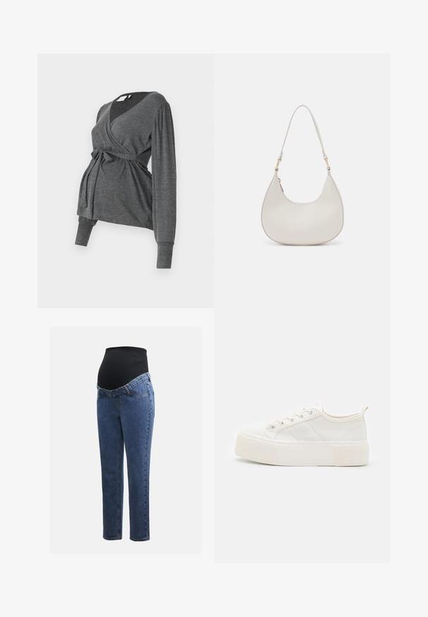 Top envolvente gris de manga larga, hecho de un material suave, que presenta un escote en V y una cintura atada. Las mangas tienen un ligero detalle abombado.; Jeans de maternidad con piernas de denim azul y un panel abdominal elástico negro diseñado para soportar y cubrir una barriga en crecimiento.; Zapatillas de lona blancas con una suela gruesa y texturizada, que cuentan con cordones planos, franjas laterales y una pestaña en el talón para facilitar su colocación.; Bolso de hombro de cuero crema con forma de media luna, correa delgada y sutil detalle de costuras. Diseño minimalista con acentos de hardware en tono dorado.
