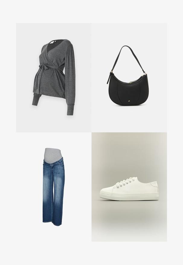 Top envolvente gris de manga larga, hecho de un material suave, que presenta un escote en V y una cintura atada. Las mangas tienen un ligero detalle abombado.; Vaqueros premamá en mezclilla de azul claro a oscuro. Diseño de pierna ancha con una cintura elástica gris para mayor comodidad y elasticidad. Sin herrajes visibles.; Zapatilla blanca baja con cordones blancos y suela de goma mostrada desde vista lateral sobre un fondo neutro.; Bolso de mano de cuero negro con forma curva, superficie texturizada, costuras frontales y un logo en tono dorado. Cuenta con una sola correa ajustable.
