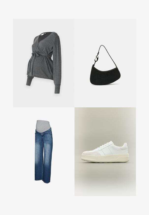 Grijze lange mouw wikkeltop van zacht materiaal, met een v-hals en een strik taille. De mouwen hebben een lichte puffdetail.; Zwangerschapsjeans in licht tot donkerblauw denim. Wijdere pijp met een grijze elastische tailleband voor comfort en rekbaarheid. Geen zichtbare hardware.; Witte lage sneaker met dikke crèmekleurige zool, veters aan de voorkant en suède teenkapdetail, afgebeeld op een beige achtergrond.; Zwarte handtas met een gebogen vorm, een gladde textuur en een korte band met een metalen sluiting. Minimalistisch ontwerp zonder patronen of accenten.
