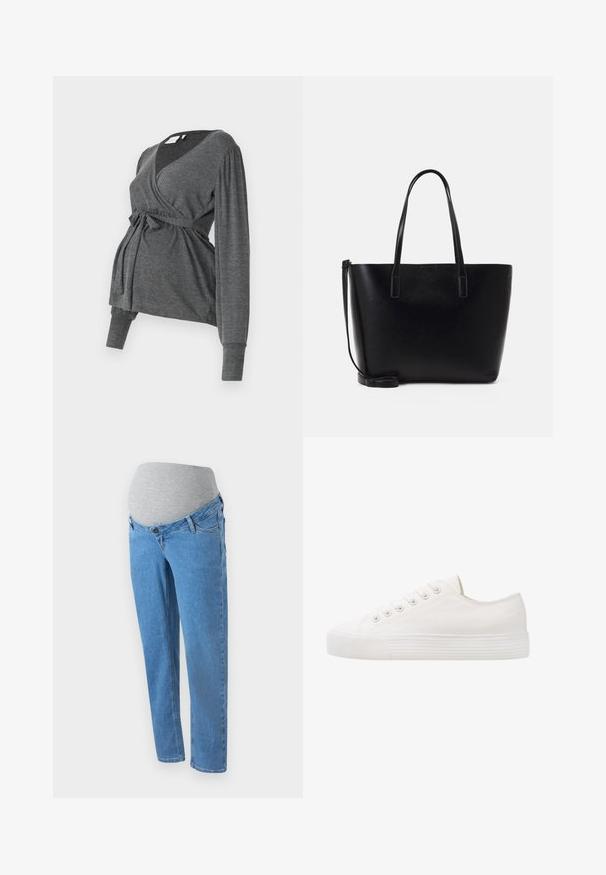 Top envolvente gris de manga larga, hecho de un material suave, que presenta un escote en V y una cintura atada. Las mangas tienen un ligero detalle abombado.; Jeans de maternidad de un azul claro con un panel de vientre elástico gris, que presentan bolsillos frontales y un diseño de corte relajado. Primer plano de la textura del denim.; Zapatilla de lona blanca con punta redonda, seis ojales para los cordones, suela de goma texturizada y detalles de costura sutil a lo largo de los lados.; Bolso tote de cuero negro con dos asas largas, forma estructurada, textura suave y correa de hombro desmontable. Detalle de marca sutil.