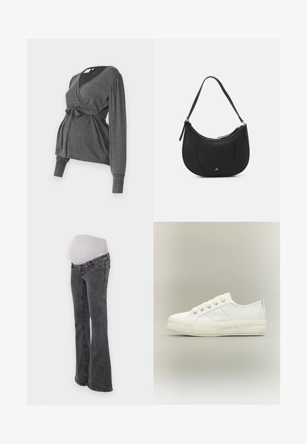 Top envolvente gris de manga larga, hecho de un material suave, que presenta un escote en V y una cintura atada. Las mangas tienen un ligero detalle abombado.; Jeans de maternidad con una cintura elástica ajustada de color gris, piernas acampanadas y acabado en denim gris oscuro, que cuentan con costuras estándar y bolsillos.; Zapatilla deportiva blanca de caña baja con suela gruesa acanalada, cordones delanteros y tira para tirar en el talón sobre un fondo neutro.; Bolso de mano de cuero negro con forma curva, superficie texturizada, costuras frontales y un logo en tono dorado. Cuenta con una sola correa ajustable.