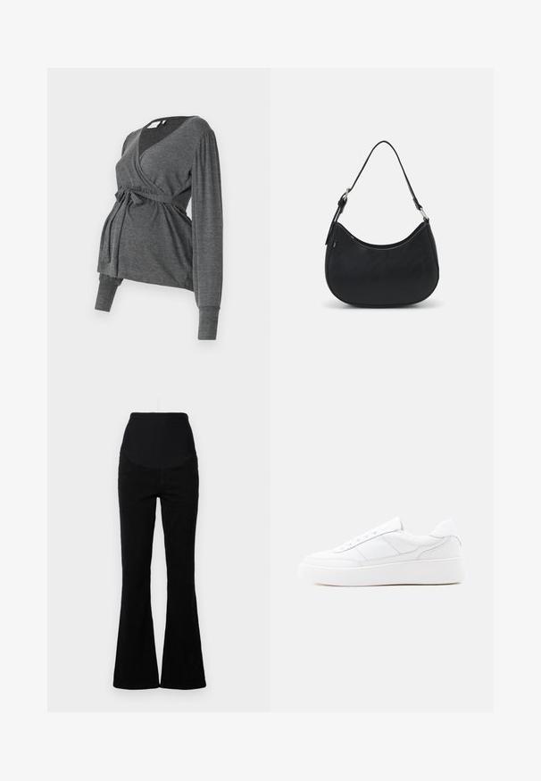Grå, langærmet indpakningsbluse lavet af blødt materiale, med v-hals og bindebånd i taljen. Ærmerne har en let puffdetalje.; Sorte flagrende jeans med høj talje, lavet af denim. Har fem-lomme design og en glat tekstur med syede detaljer.; Hvid lavtop-sneaker med tyk sål, snørelukning og diskrete syningsdetaljer på en ensfarvet lys baggrund.; Sort hobo taske lavet af glat læder med en buet silhuet, der har en enkelt justerbar skulderrem og minimalistiske designdetaljer.