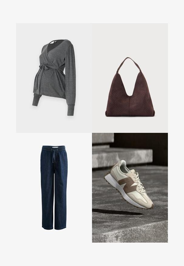 Grijze lange mouw wikkeltop van zacht materiaal, met een v-hals en een strik taille. De mouwen hebben een lichte puffdetail.; Donkerblauwe zwangerschapsjeans met elastische tailleband en koordje aan de voorkant, rechte pijp pasvorm en zichtbare stiksel details.; Lichtbeige en bruine sneaker met een dikke witte zool, zwevend boven een gestructureerd betonnen oppervlak en trappen in zacht licht.; Grote bruine leren handtas met een geweven textuur en een enkele schouderriem, afgebeeld tegen een effen lichte achtergrond.